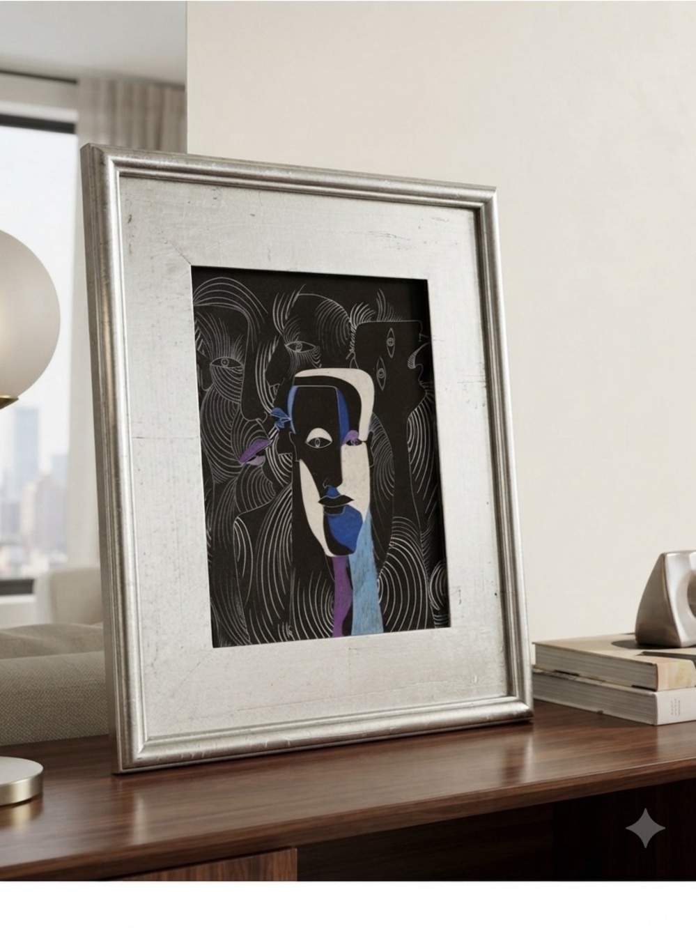 Violent Grace" by Aaron Gilbert Arnold Abstract Face Art in Silver Frame